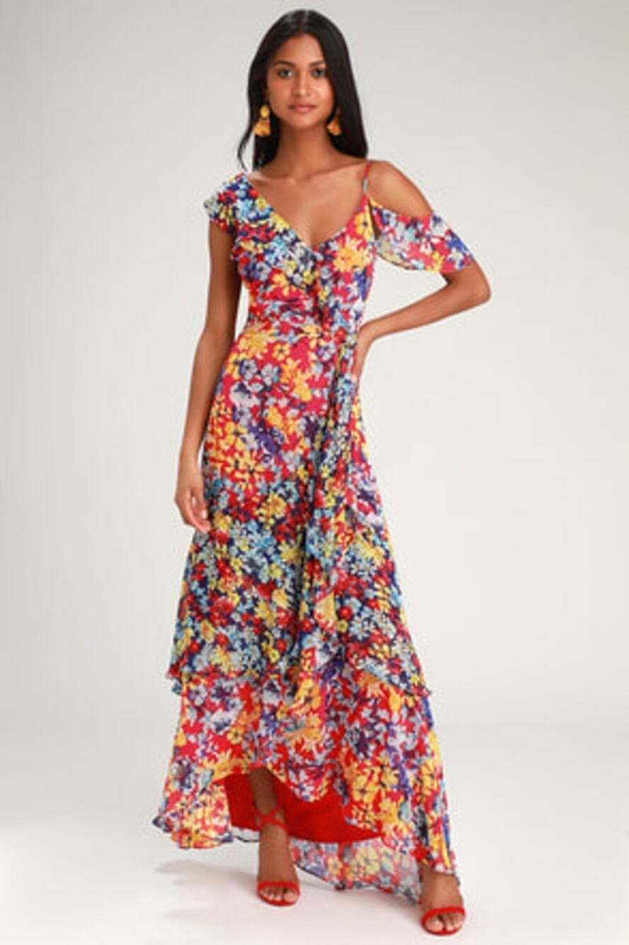 Lulus NWT Radiant Ruby Red Floral Print Chiffon Maxi Dress XL 67551 ruffle